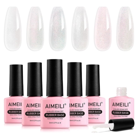 AIMEILI 5 in 1 Rubber Base Gel Set For Nails, Sheer Pink Nude Color Gel Nail Polish UV LED Soak Off, Elastic Nail Strengthener Long Lasting 6pcs X 8ml - Gift Kit 52