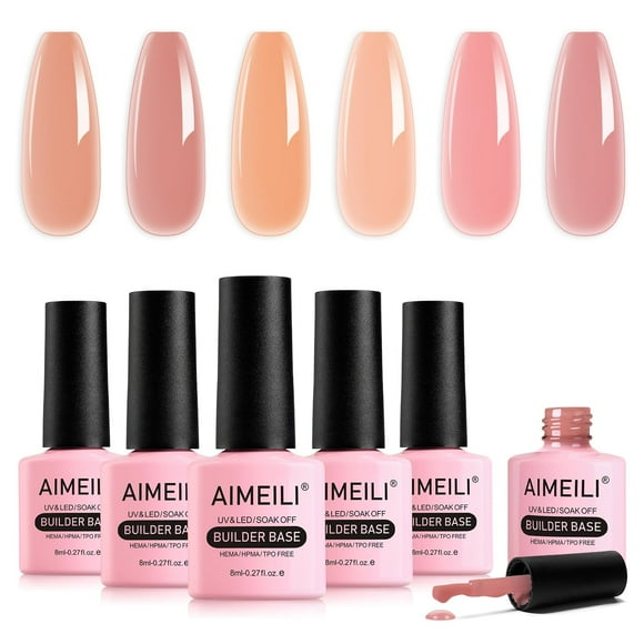AIMEILI 8 in 1 Extension Nail Gel Set, 6pcs Sheer Color Hard Gel Builder Base Nail Strengthening Gel Nail Extension False Nail Tips Glue Gel in a Bottle, UV LED Gel Polish 8ML Kit 38