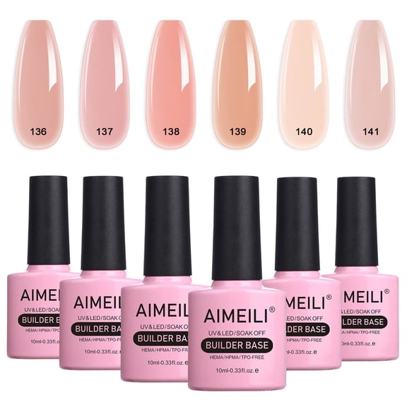 AIMEILI Builder Base Sheer Color Gel, No Need Slip Solution Builder Extension, Soak off Gel Nail Polish 6pcs x 10ml - Kit Set 34