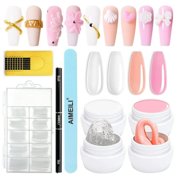 AIMEILI Nail Gel  Tool Nail Art Kit, 4 Colors Solid Extension Nail Extension Gel, 2 in 1 Nail Extension Gel Pen Brush,  100pcs Clear Nail Molds,10pcs Nail Extension Tips Form Guide Sticker