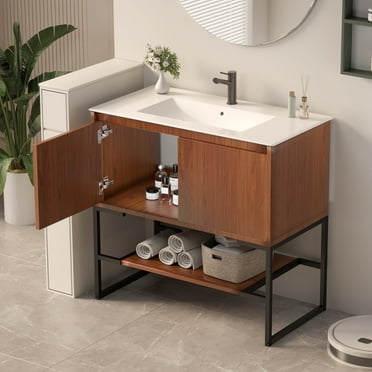 AIMEZO 36 Inch Bathroom Vanity with Sink Combo, Modern Bathroom Vanities with Ceramic Sink,Soft-Closing Doors,Storage Shelf,Walnut
