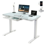 AIMEZO 45'' Dual-Motor Glass Top Standing Desk,Height Adjustable Desk for Home Office, with Drawer,Touchscreen Controller&USB Ports