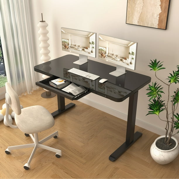 AIMEZO Glass Standing Desk with Drawers, 45 Inch Adjustable Height Desk
