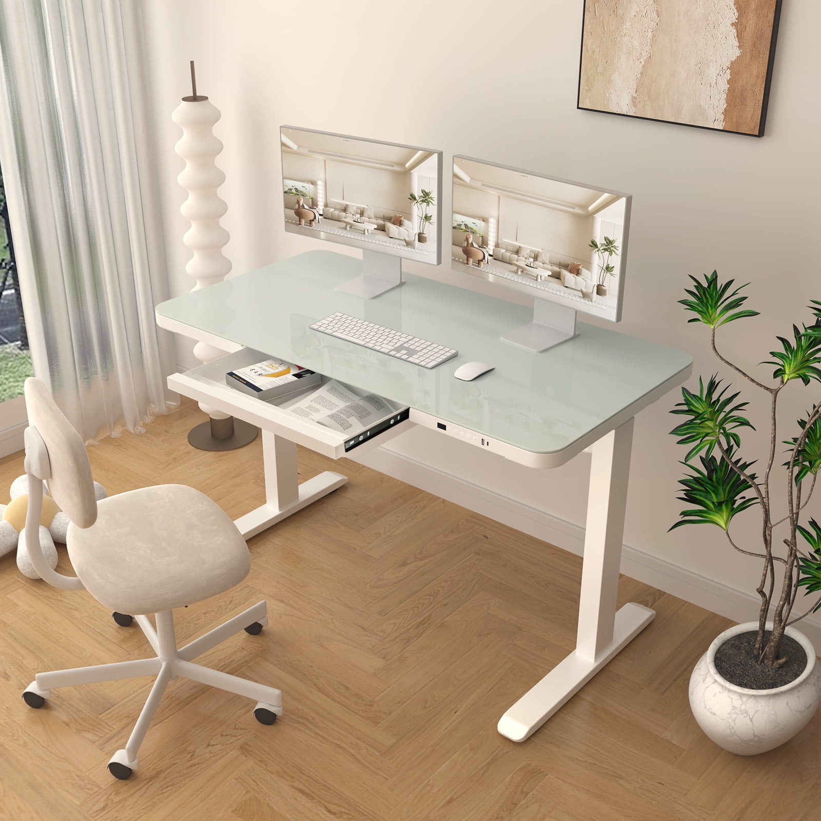 AIMEZO Glass Standing Desk with Drawers 45 Inch Adjustable Height Desk Sit Stand up Desk Electric Standing Desk with Memory Controller and USB