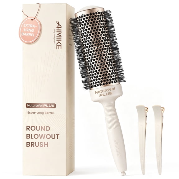 AIMIKE NaturaVol PLUS Extra-Long Round Brush for Blowouts, 2.1" Ceramic Ionic Round Hair Brush for Long Thick Hair, Faster Drying, Adds Volume, Shine & Smoothness, Includes 2 Clips