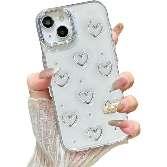 AIMIMI-Case For Iphone 15, Bling Glitter 3D Hearts Phone Case Cute Sparkly Crystal Clear Heart Aesthetic Design Case Slim Soft Durable Tpu Transparent Protective Cover For Women Girls - Heart