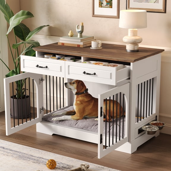 AIMINLI 43.3" Farmhouse Dog Crate Furniture, Wooden Dog Kennel with 2 Storage Drawers & Rotating Bowls, Indoor Crate Side Table