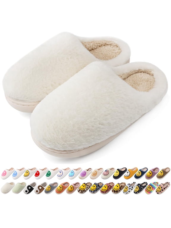Women's Men's Fuzzy Slippers Imitation Bunny Fur Comfy Warm Plush Slip-On House Slipper for Winter Indoor Soft Cushioned Non-slip Slippers Ivory