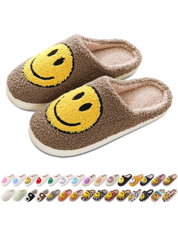 Women's Men's Smile Face Slippers Comfy Warm Plush Slip-On House Slipper for Winter Indoor Soft Cushioned Non-slip Slippers Brown