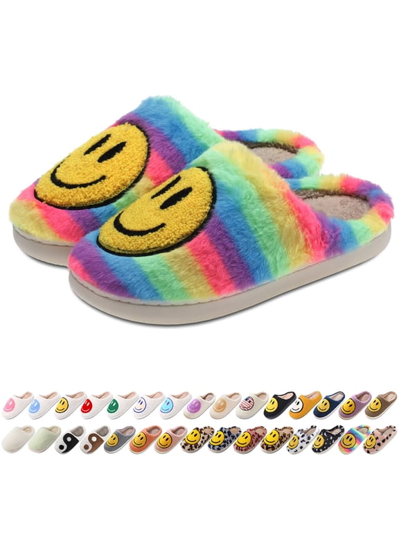 Women's Men's Smile Face Slippers Comfy Warm Plush Slip-On House Slipper for Winter Indoor Soft Cushioned Non-slip Slippers Rainbow