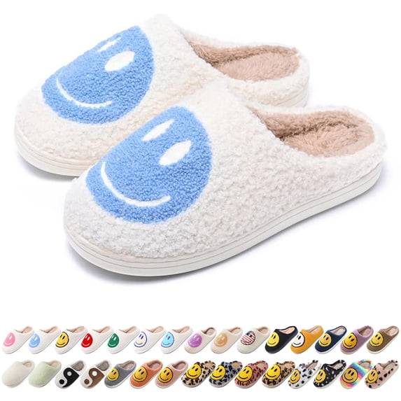 AIMINUO Women's Men's Smile Face Slippers Comfy Warm Plush Slip-On House Slipper for Winter Indoor Soft Cushioned Non-slip Slippers White-Blue