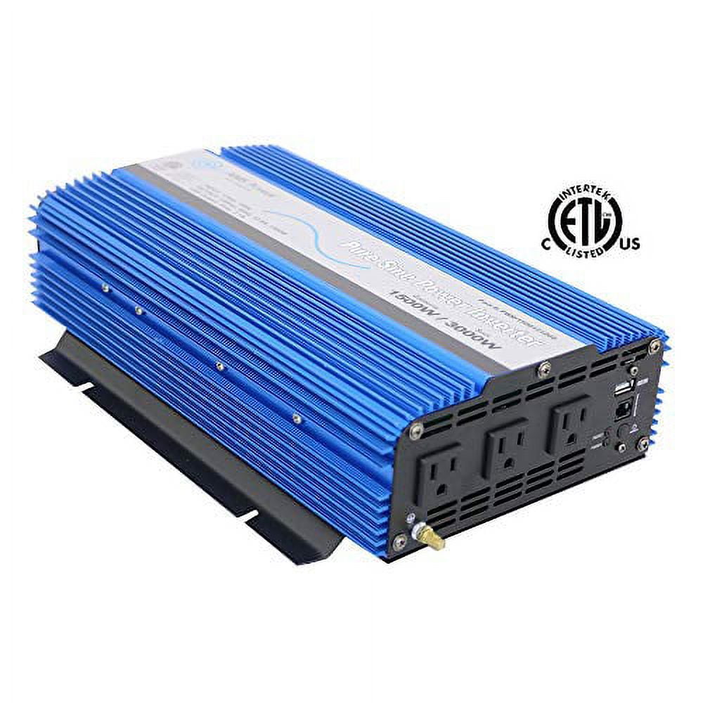 AIMS Power 1500 Watt, 3000 Watt Peak, Pure Sine DC to AC Power Inverter, USB Port, 2 Year Warranty, Optional Remote, Listed to UL 458