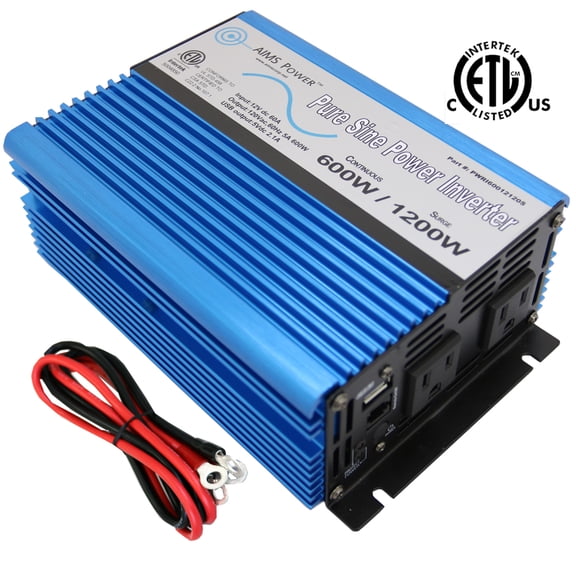 AIMS Power 600W Pure Sine Power Inverter 12VDC to 120VAC ETL Listed Power CPAP and Small Electronics