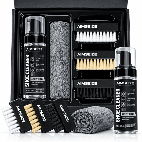 AIMSEIZE Shoe Cleaner Kit, Sneaker Cleaning Set with 5 fl oz (150ml) Solution, 3 Brushes & Microfiber Towel, for Sneakers, Running, Basketball & Casual Shoes