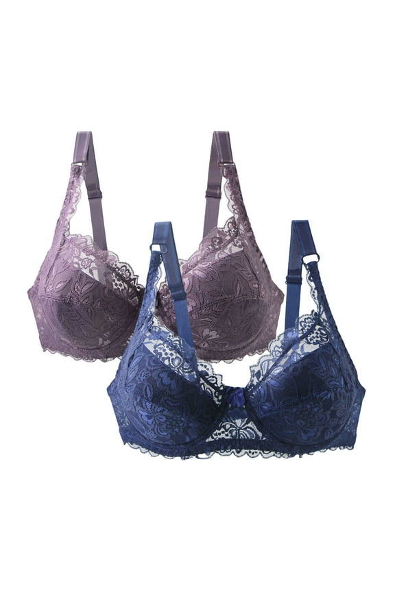 2PC Breathable Everyday Bras Floral Lace Cleavage Bra Sports Yoga Bra Secure Fit Bra for Women Lift and Support Push-Up Bra Bralette Purple XXL