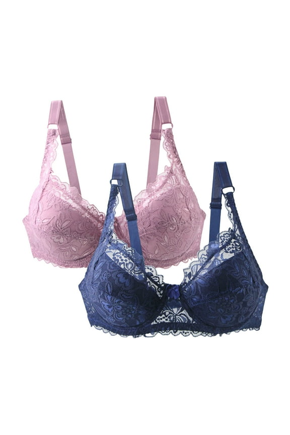 2PC Breathable Everyday Bras Floral Lace Cleavage Bra Sports Yoga Bra Secure Fit Bra for Women Lift and Support Push-Up Bra Bralette Pink S