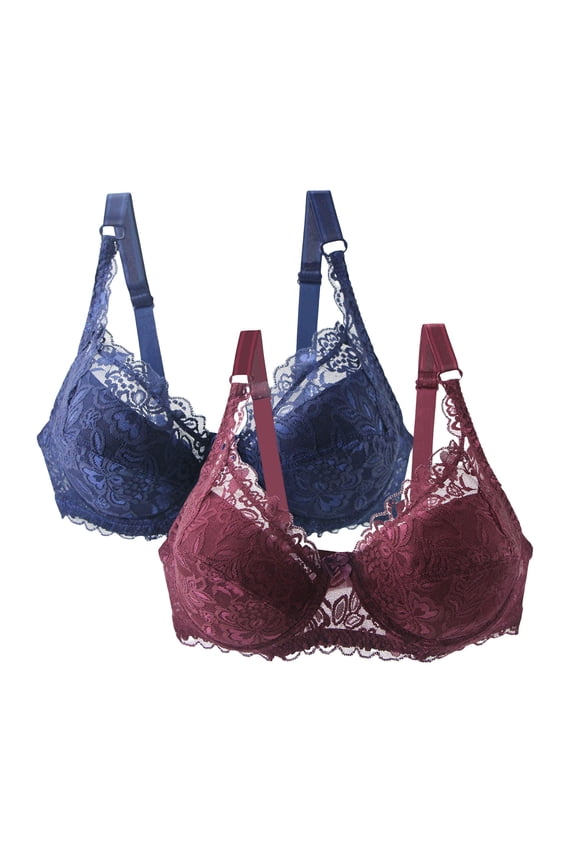 2PC Breathable Everyday Bras Floral Lace Cleavage Bra Sports Yoga Bra Secure Fit Bra for Women Lift and Support Push-Up Bra Bralette Wine L