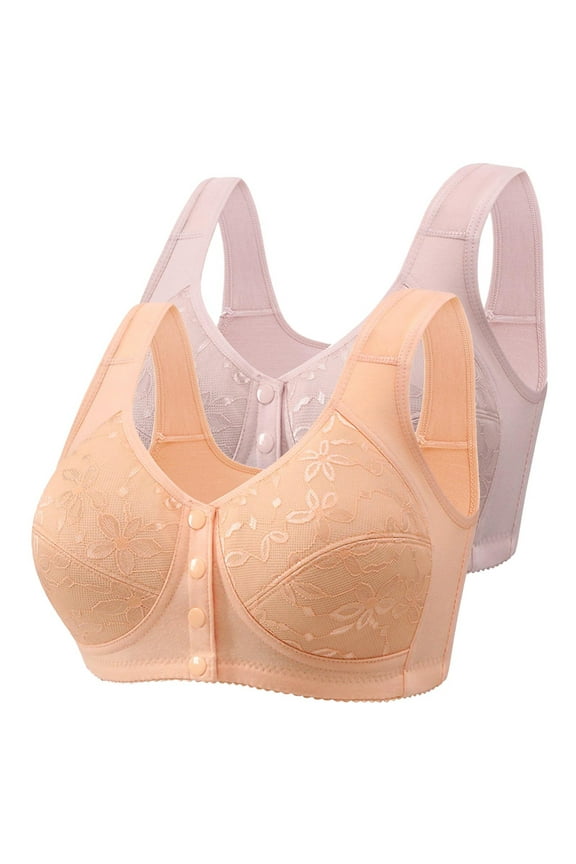 2PC Breathable Everyday Bras Wireless Soft Cup Bra Bralette Front Closure Thin Fabric Bralettes Secure Fit Bra for Women Plus Size Easy Off Bra with Wide Straps Gray XXL