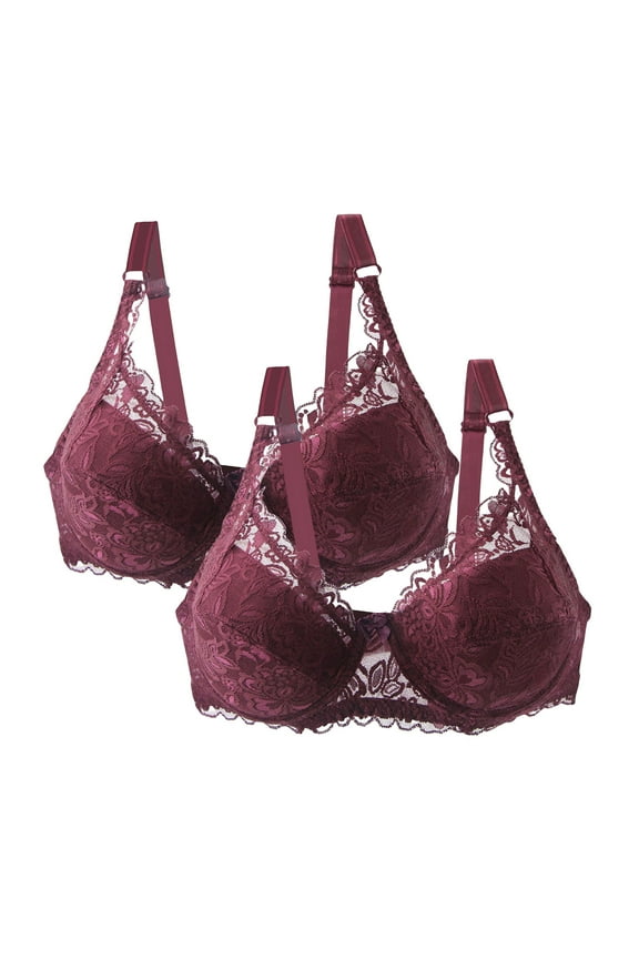 2PC Lift and Support Push-Up Bra Floral Lace Cleavage Bra Secure Fit Bra for Women Sports Yoga Bra Bralette Breathable Everyday Bras Wine XL