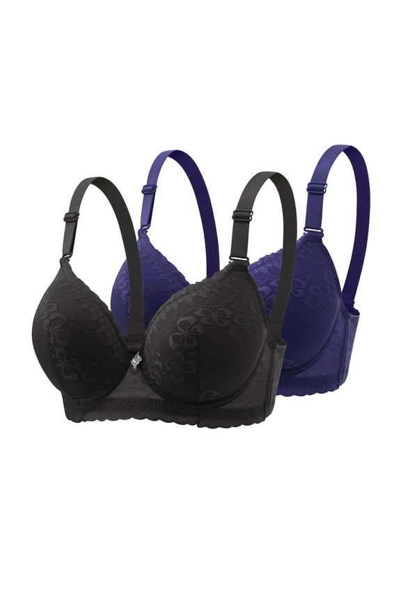 2PC Light Padding Bras Bralette Underwire Lift and Support Push-Up Bra Secure Fit Bra for Women Embroidery Lace Mesh Cleavage Bra Breathable Everyday Bras High Support Plus Size Black 38