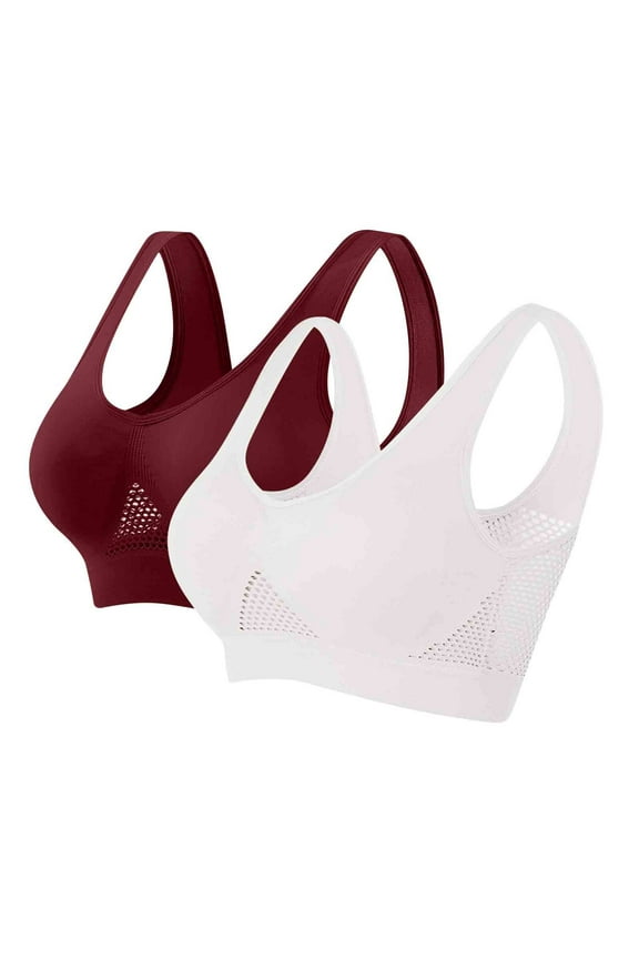 2PC Soft Cup Bra Secure Fit Bra for Women Thin Fabric Bralettes Sports Yoga Bra With Removable Pads Wide Straps Breathable Everyday Bras Wireless Bralette Wine M