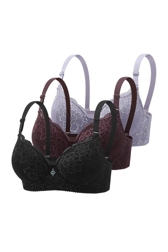 3PC Breathable Everyday Bras Underwire Plus Size Lace Pattern Cleavage Bra Bralette Secure Fit Bra for Women Lift and Support Push-Up Bra Wine S