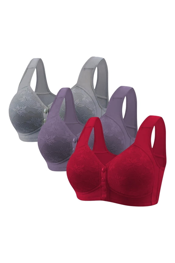 3PC Breathable Everyday Bras Wireless Lift and Support Push-Up Bra Women's Lace Cleavage Bra Front Closure Plus Size Easy Off Bra with Wide Straps Bralette Soft Cup Bra Wine XXXXXL
