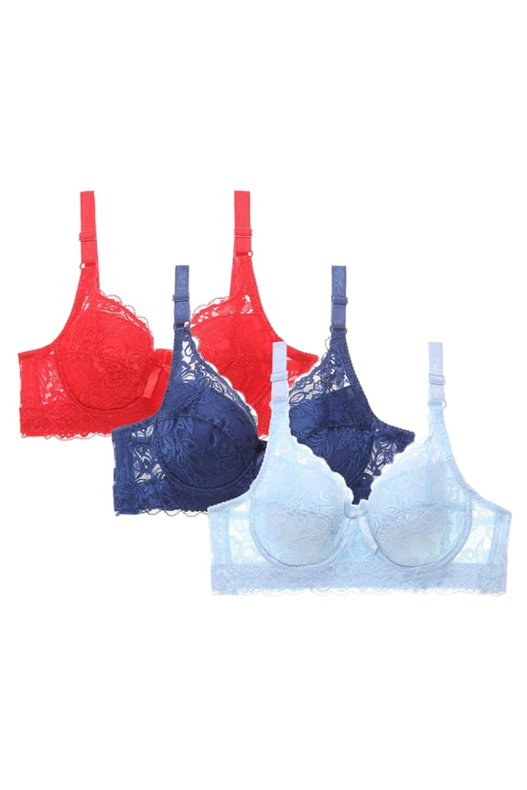 3PC Lift and Support Push-Up Bra Plus Size Secure Fit Bra for Women Breathable Everyday Bras Plus Size Armpit Fat Control Bra Underwire Cleavage Bra Anti-Sagging Bra Bralette Sky Blue M