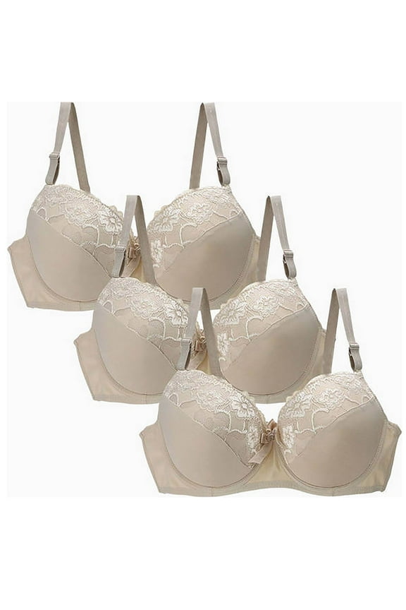 3PC Lift and Support Push-Up Bra Secure Fit Bra for Women Floral Lace Cleavage Bra Breathable Everyday Bras Bralette Sports Yoga Bra Beige XXL