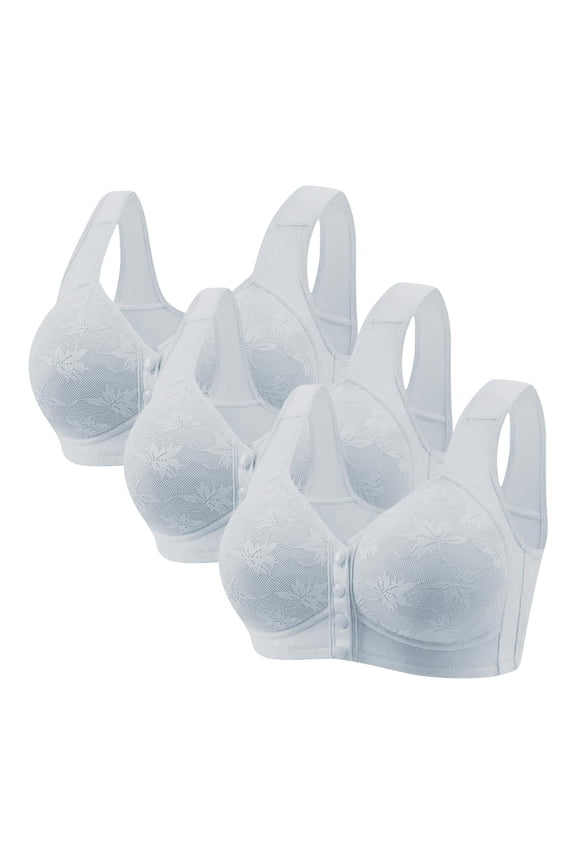 3PC Soft Cup Bra Women's Front Closure Lace Cleavage Bra Wireless Breathable Everyday Bras Lift and Support Push-Up Bra Plus Size Easy Off Bra with Wide Straps Bralette Light Blue XL