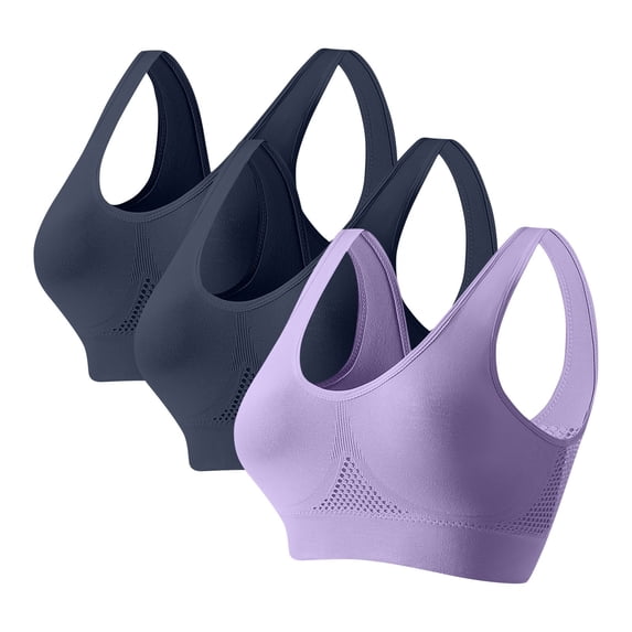 AINIYS 3Pc Womens Sports Bras Full Coverage Pushup Breathable Bras Seamless Wireless Yoga Lightweight Casual Bralettes Purple L