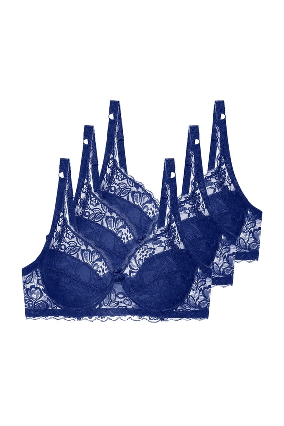 3Pcs Lace Bras for Women Bralettes with Underwire Full Coverage Bra Everyday Oversized Breathable Adjustable Underwear Blue 75C