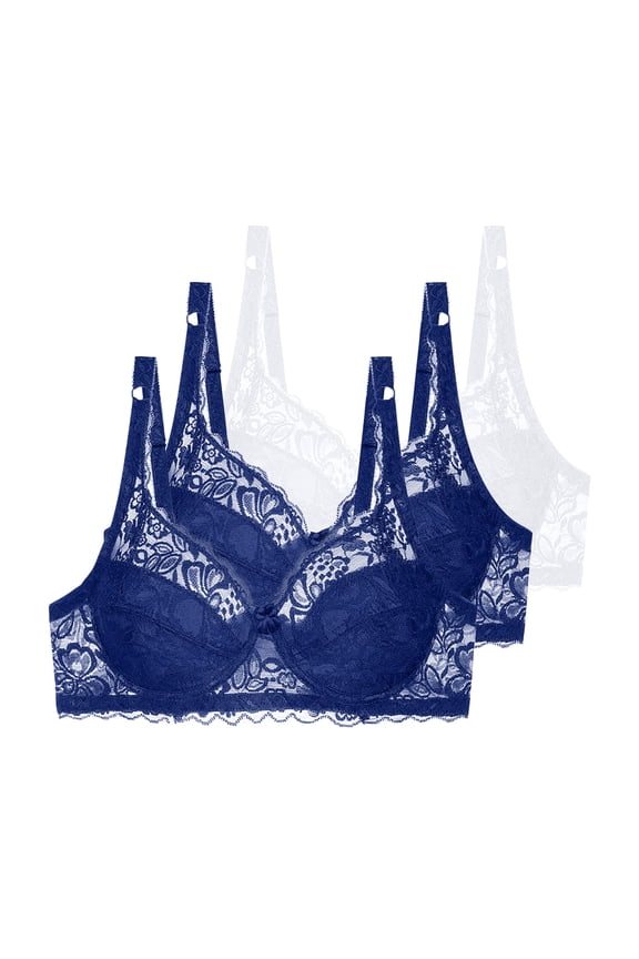 3Pcs Lace Bras for Women Bralettes with Underwire Full Coverage Bra Everyday Oversized Breathable Adjustable Underwear White 80B
