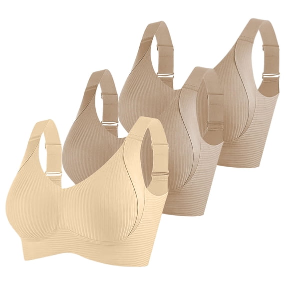 AINIYS 3 Pcs Seamless Bras for Women Full Support Wide Straps Push Up Ribbed Wireless Bra Solid Plus Size Everyday Bras Beige L