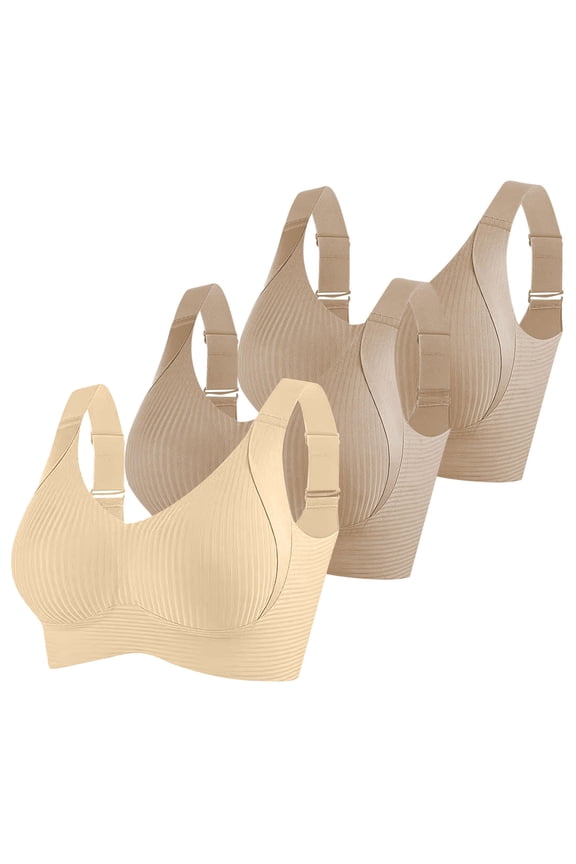 3 Pcs Seamless Bras for Women Full Support Wide Straps Push Up Ribbed Wireless Bra Solid Plus Size Everyday Bras Beige M