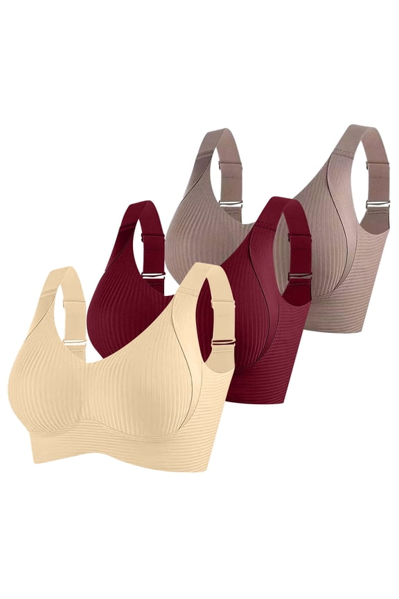 3 Pcs Seamless Bras for Women Full Support Wide Straps Push Up Ribbed Wireless Bra Solid Plus Size Everyday Bras Coffee L