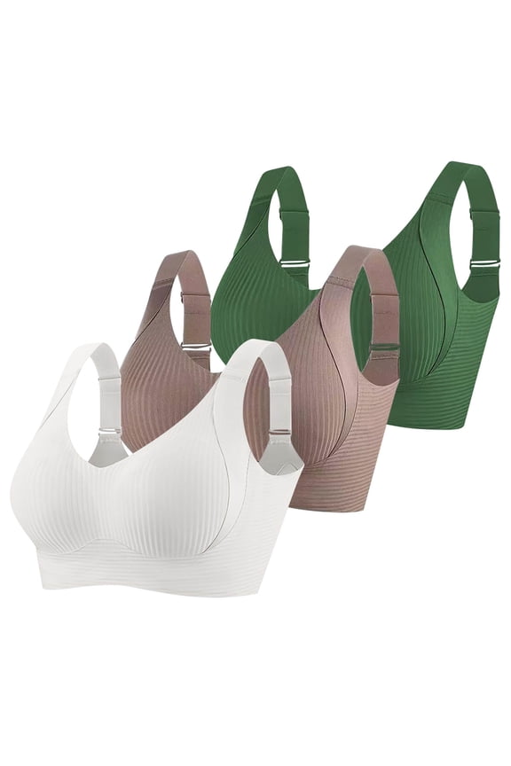 Sports Bra 3 Pack Women's Ribbed Push Up Adjustable Straps Wireless Bra Super Firming Wire-Free Bras White XL