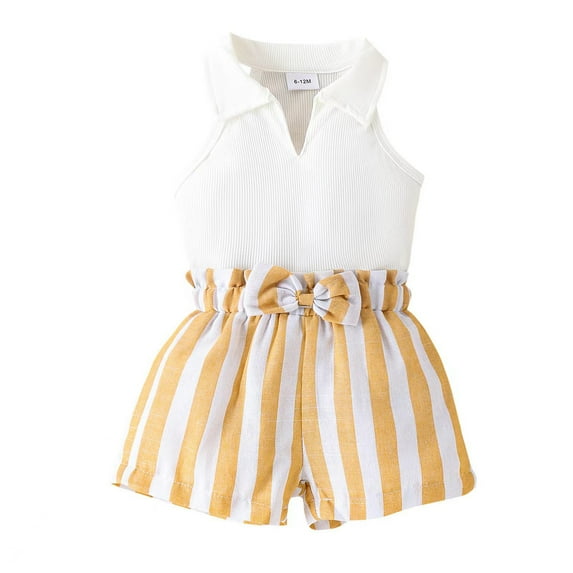 AINIYS 3Y Lapel Sleeveless Top Bow Striped Shorts Little Girls Outfit Sets Solid Color Children Clothes Casual Loose Kids Summer Tops Shorts Set 2 Piece Trendy Fashion Sleevless White