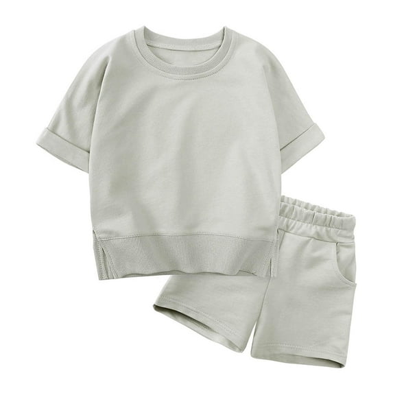 AINIYS 4 Years Children Clothes Casual Loose Kids Summer Tops Shorts Set 2 Piece Round Neck Fashion Short Sleeve T-Shirt Toddler Outfits Solid Color Trendy Gray