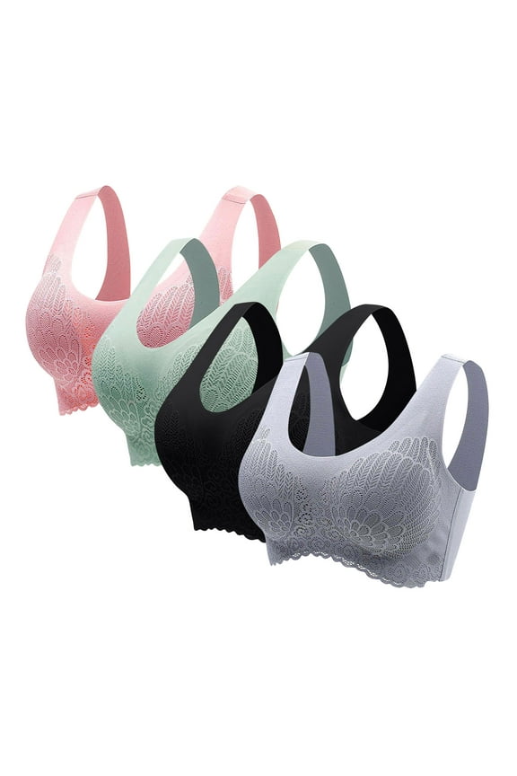 4PC Breathable Everyday Bras Wireless Lift and Support Push-Up Bra Sports Yoga Bra Bralette Secure Fit Bra for Women Wide Straps Seamless Soft Cup Bra Floral Lace Cleavage Bra Gray XL