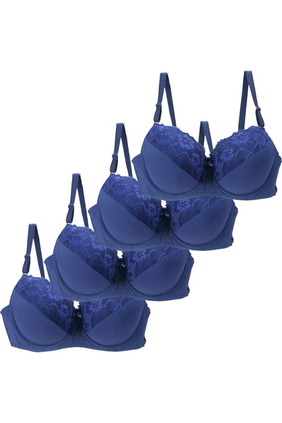 4PC Lift and Support Push-Up Bra Floral Lace Cleavage Bra Secure Fit Bra for Women Sports Yoga Bra Bralette Breathable Everyday Bras Blue S