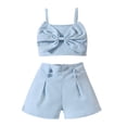 thumbnail image 1 of AINIYS 4Y Kids Summer Tops Shorts Set 2 Piece Casual Loose Trendy Fashion Sleevless Suspender Belt Bow Top + Shorts Set Solid Color Little Girls Outfit Sets Children Clothes Blue, 1 of 6
