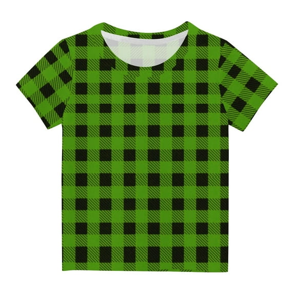 AINIYS 7-8 Years Children Clothes Casual Loose Kids Summer Tops Trendy Fashion Short Sleeve T-Shirt Round Neck Little Boys Tees Plaid Green