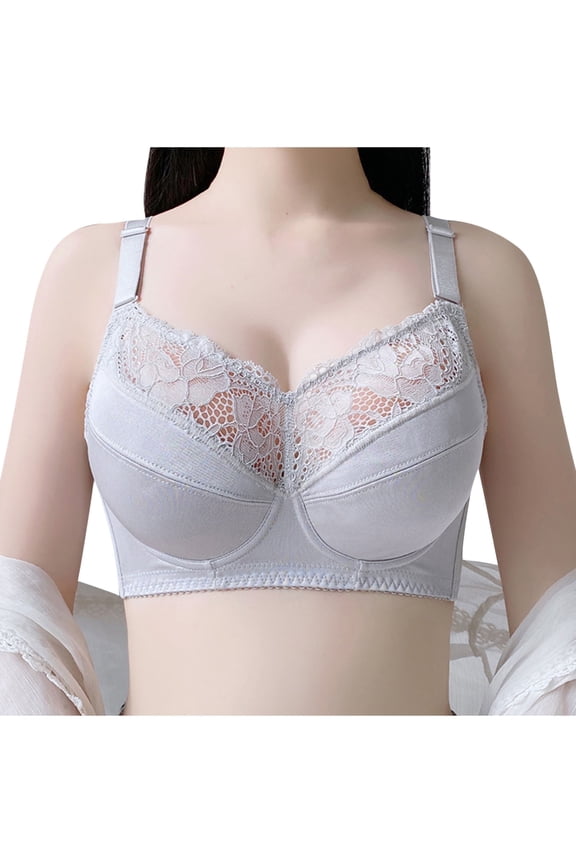 Anti-Sagging Bra Plus Size Underwire Bralette Secure Fit Bra for Women Floral Lace Cleavage Bra Lift and Support Push-Up Bra Breathable Everyday Bras Gray M