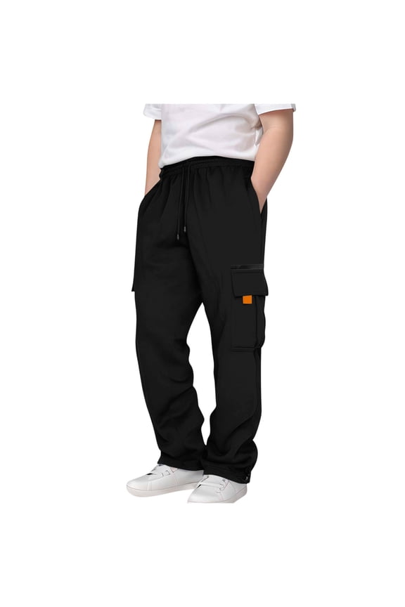 Boys Casual Sports Sweatpants Lightweight Drawstring Jogger Pants Trendy Multi-Pocket for Outdoor Activities Daily Wear Comfy Kids Pants Black 150