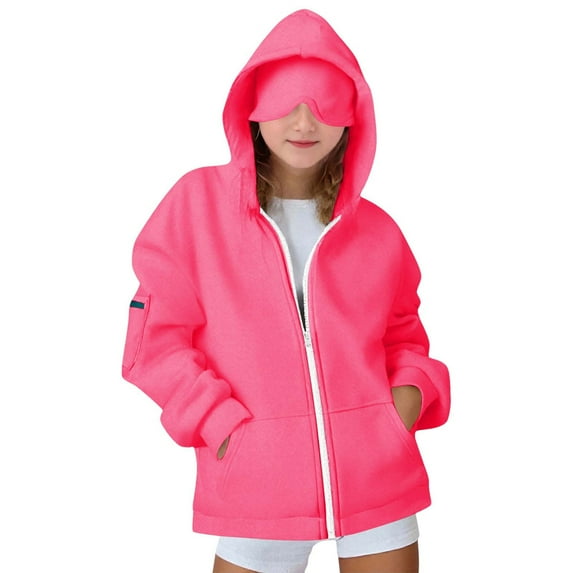 AINIYS Boys Girls Cardigan Sweatshirt Solid Color Casual Zipper Sweatshirt Cardigan Hoodie with Eye Mask and Zipper Girls' Tops Hot Pink 7 Years