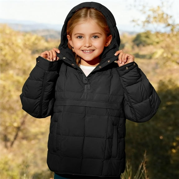 AINIYS Boys and Girls Toddlers' Quilted Pullover Puffer Jacket Winter Warm Thickening Lightweight Oversized Long Sleeve Hooded Tops with Pocket Black 3 Years