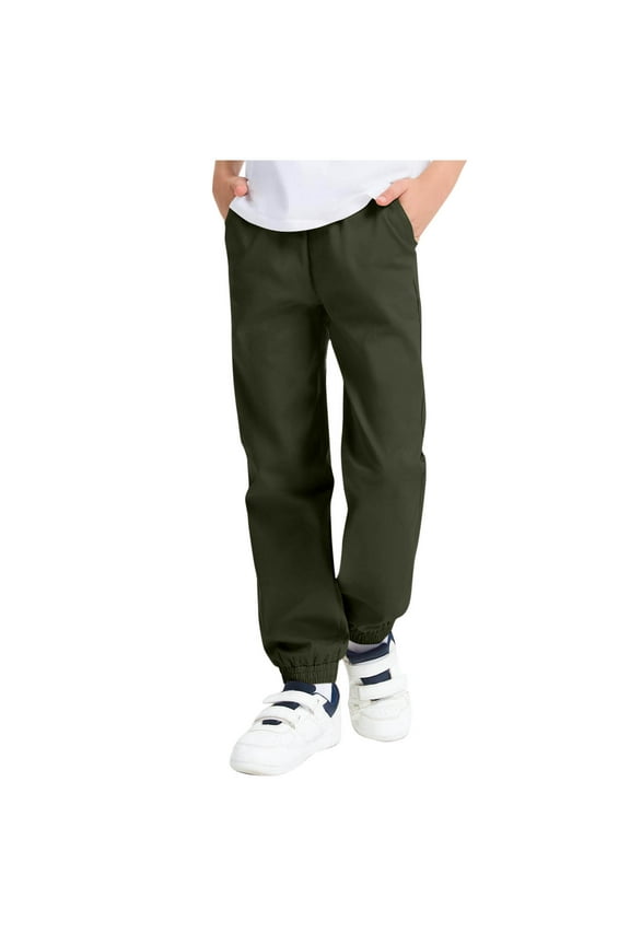 Boys Jogger Pants Pull-On Twill Pants Comfy Soft Fabric Elastic Waist with Pockets Stylish Casual Wear Clothes Kids Pants Army Green 14-15Years