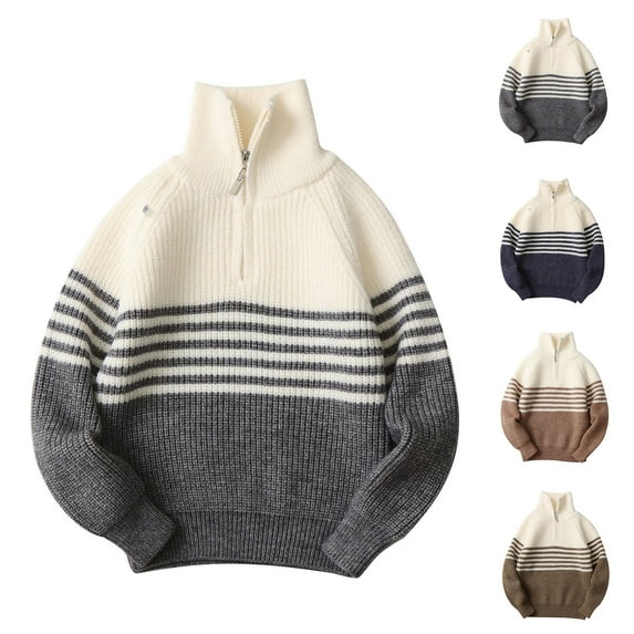 AINIYS Boys' Long Sleeve Quarter Zip Lapel Pullover Color Block Stripe Casual Knit Sweater Fall Winter Tops for Kids Brown 130