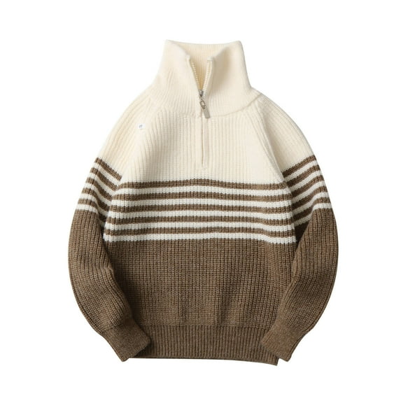 AINIYS Boys' Long Sleeve Quarter Zip Lapel Pullover Color Block Stripe Casual Knit Sweater Fall Winter Tops for Kids Brown 150